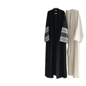 2024斋月亚麻刺绣开放阿巴亚女性长袍musulmane阿巴亚女性穆斯林服装伊斯兰服装
