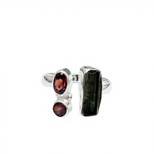 Handmade Garnet Ring Sterling Silver Minimalist Design Elegant Green Tourmaline Unique <b>Raw</b> Crystal Jewelry - Product Image 1