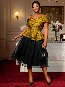 AM050344SET Asymmetrical Peplum Jacquard <strong>Top</strong> <strong>Tulle</strong> a Line Skirt Patchwork Women Formal Two Pieces Sets - Product Image 2