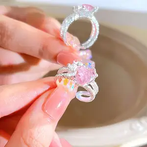 טבעת אצבע ורודה זירקון אופל יהלום לנשים סגנונות מרובים אור יוקרה עיצוב נישה טבעת פתוחה