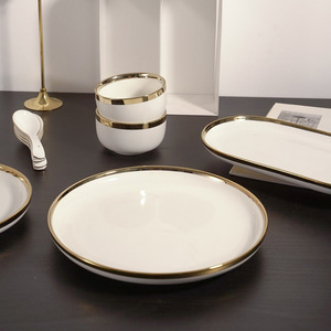 7pc Gold Trim Ceramic Dinnerware <b>Set</b> Elegant Porcelain Tableware for Dining Dishwasher Safe Formal Table Setting Collection - Product Image 3