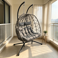 Fauteuil suspendu double en rotin tressé pour l'extérieur avec support en acier et coussins pour jardin, patio, balcon
