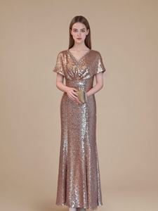 Abito Lungo di Alta Qualità con Paillettes Rosse e Oro per Donna, Occasioni Speciali, Scollo a V, Aderente, Formale, da Cerimonia, per Matrimonio, Madre della Sposa - Product Image 3
