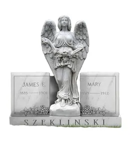 西式白色大理石墓碑雕塑与小天使男孩