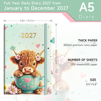 Agenda A5 2027 à couverture rigide en PU/papier, motif mignon vache des Highlands et tasse à thé, haute qualité, écriture facile, avec élastique, mensuel