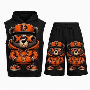Completo Estivo da Uomo: Canotta con Cappuccio e Pantaloncini, Stampa Artistica Orso Cartoon Hip Hop Street per Ragazzi, Outfit Quotidiano da Strada - Product Image 5