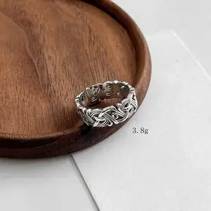 Cincin perak Sterling S925 Vintage desain bunga yang kompleks, gelombang terinspirasi silang terbungkus cincin Ajustable terbuka