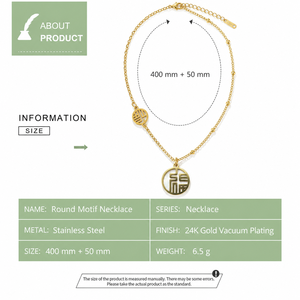 Collier pendentif en alliage plaqué or avec breloque en caractère chinois Fu, chaîne à perles, style classique unisexe, à porter au quotidien - Product Image 4