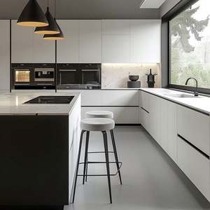 Meubles de cuisine modernes sur mesure au prix d'usine, ensemble d'îlot de cuisine avec armoires brunes, armoires de cuisine modernes en contreplaqué pour appartement - Product Image 1