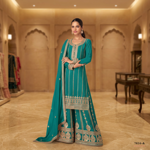 Conjunto de Top, Pantalón Palazzo y Dupatta de Moda para Fiesta o Boda, con Bordado de Lentejuelas y Cordón Jari - Product Image 1