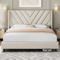 F&J Home Cadre de lit Queen avec tête de lit capitonnée Chevron, beige |   Cadre en bois et tissu offrant un support robuste et silencieux, facile à assembler