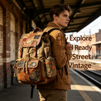 Tas Ransel Kanvas Vintage Patchwork Distressed Retro Model Usang dengan Tali Serut dan Gesper, Cocok untuk Perjalanan, Hiking, dan Penggunaan Sehari-hari 20-37L