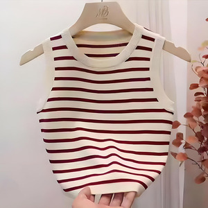 Gilet Estivo da Donna con Scollo a O <span class=keywords><strong>Senza</strong></span> Maniche a Righe, Gilet in Maglia Slim Monocolore Casual Quotidiano da Donna Versatile - Product Image 6