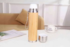 Stainless Steel Vacuum Flask With Bamboo Finish Double Wall Insulated Travel Thermos With Rope Handle - Product Image 2