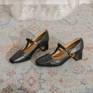 Zapatos de Tacón Alto para Mujer, de Cuero Genuino Negro, Estilo Mary Jane, Punta Cuadrada, Tacón de Bloque, Correa en T con Hebilla, Transpirables, para Todas las Temporadas - Product Image 1
