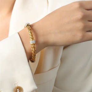 High End Luxury 18K Gold Plated Stainless Steel Zircon Charm Hologram Braided Women's Wedding Casual/Sporty <b>Bangle</b> <b>Bracelets</b> - Product Image 4
