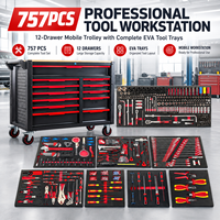 Ensemble d'outils de 757 pièces, chariot à outils mobile à 12 tiroirs avec plateaux à outils en mousse EVA pour la réparation automobile, garage