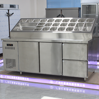 Plan de travail industriel en acier inoxydable à double porte, certifié CE, haute efficacité, sans givre, pour préparation de salades et pizzas, avec cloison en verre et refroidissement par air