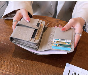 Portefeuille court pliable pour femme en cuir pleine fleur, multifonctionnel, avec cordon de serrage, grande capacité - Product Image 2