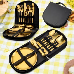 11pcs Portable Picnic Cutlery Set Stainless Steel Outdoor Barbecue Plate Knife Fork Spoon Classic Design Sustainable Camping
