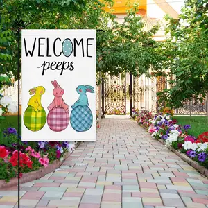 12 x 18 Inch Double Sided Colourful Rabbits with Plaid Eggs Welcome Peeps Easter Garden Flag