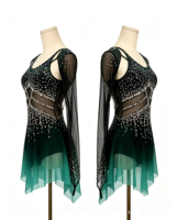 Robe de patinage artistique vert foncé dégradé avec strass, découpes en maille, pour performance scénique, pour femmes et filles