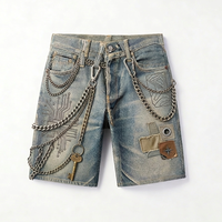 Shorts amples vintage en molleton délavé et déchiré pour homme, avec broderie et patchwork, coupe personnalisée