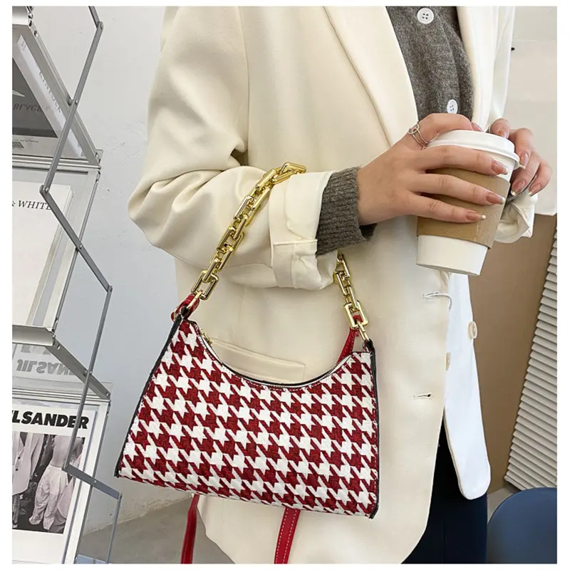 Fashion Plaid Pattern Tote Bag with Zipper Ladies Chain Shoulder Bags Vintage Crossbody Bags for Women