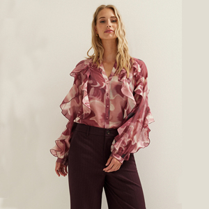 Chemisier à manches longues à volants pour femmes personnalisé <span class=keywords><strong>chemise</strong></span> à boutons avec détails en cascade bureau élégant sur mesure OEM usine de Chine - Product Image 1