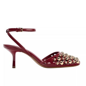 Sandales à talon aiguille confortables pour femmes, avec lanière de cheville, bout carré et empiècements découpés, ornées de clous métalliques dorés - Product Image 6