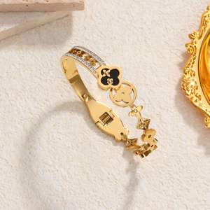 QUSEDINY Custom Gold Plated 18K Acero inoxidable Trébol de cuatro hojas Zircon Pulsera de moda para mujer <span class=keywords><strong>Oceanblue</strong></span> - Product Image 2