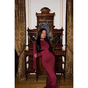 Robe de bal vintage bordeaux à manches longues, motif brodé, taille empire, taille naturelle XL, en polyester, longueur maxi, pour soirée - Product Image 1