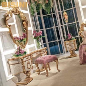 Bonito estilo barroco francés princesa dormitorio hecho a mano tocador madera tallada Shell parquet tocador <span class=keywords><strong>Rosa</strong></span> taburete conjunto - Product Image 2