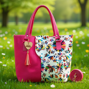 Bolso Tote de Yute para Mujer Fana Darcy Fiusha, Estilo Bohemio con Paneles, Bolso de Mano para Compras de Primavera, Asas Color Fucsia con Decoración de Botones - Product Image 2