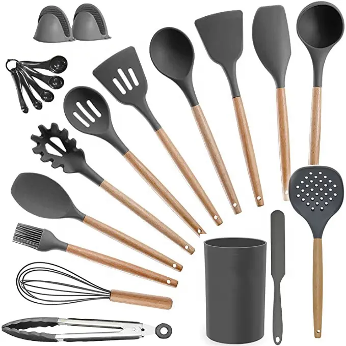صديقة للبيئة اكسسوارات المطبخ أدوات مطبخ من السيليكون مجموعة أواني 21 قطعة/المجموعة أدوات الطبخ سيليكون مع مقبض خشبي.
