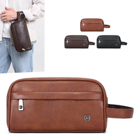 Tas Genggam Pria Bisnis Mewah Tahan Air Kapasitas Besar Bahan Kulit PU Tas Tangan Trendi Gaya Inggris Penutup Ritsleting Desain Logo