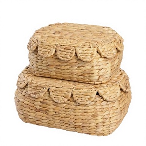 Set of 2 <b>Small</b> Vintage Circle Scalloped Edge Water Hyacinth Storage <b>Baskets</b> <b>with</b> <b>Lids</b> Eco-Friendly & Multifunction - Product Image 4