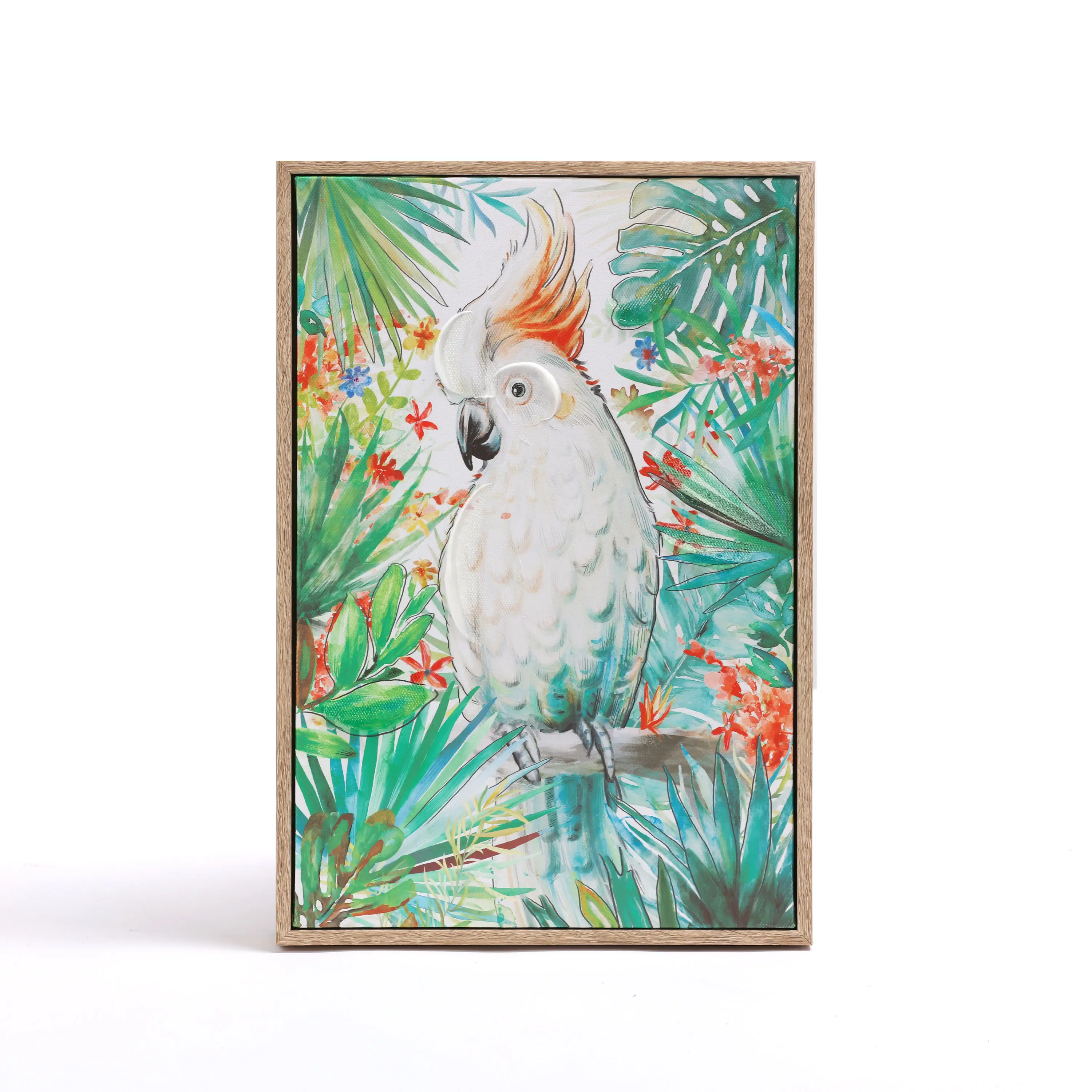 High quality decorative wooden framed modern cartoon green plants flowers animal white parrot bird wall art canvas picture print