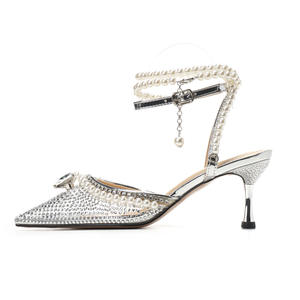 Supporto personalizza discoteca strass fiocco moda catena di perle elegante diamante a punta di cristallo <span class=keywords><strong>argento</strong></span> lace up sexy <span class=keywords><strong>tacchi</strong></span> unici - Product Image 4