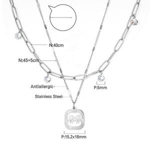 Collier en acier inoxydable à double chaîne avec accessoires en coquille blanche double paume et quatre diamants - Product Image 6