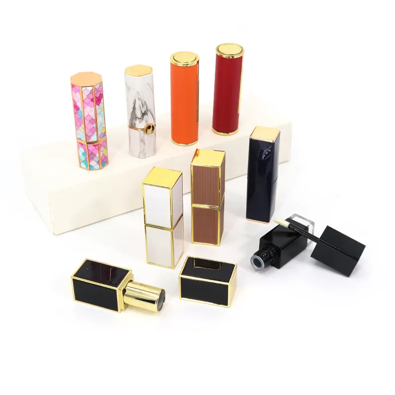 OEM Empty Square Rose Gold Pop Up Lipstick Tube Packaging Lip Balm Lipgloss Tube Twist Up Empty Lipstick Tube With Brush