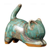 Mini figurine de chat en céramique, style vintage, avec glaçure effet four, pour décoration de table à thé, ornement de maison, cadeau artisanal