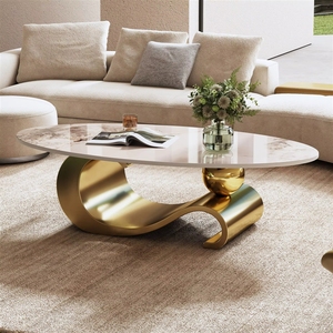 Mesa de <span class=keywords><strong>Centro</strong></span> Ovalada de Piedra Sinterizada de 49.2 Pulgadas, Base de Acero Inoxidable Dorado Contemporáneo, <span class=keywords><strong>Centro</strong></span> Moderno para Sala de Estar - Product Image 4