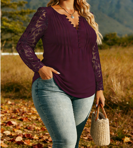 Camisa de Mujer de Talla Grande, Estilo Europeo, Encaje, Lisa, Casual, Manga Larga, Holgada, Primavera, Verano, Otoño, Fibra de Leche - Product Image 2