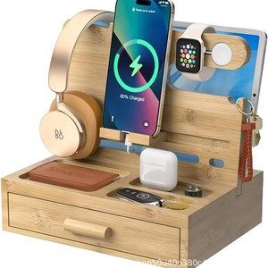 Wooden <b>Desktop</b> Phone Docking Station Earphone Key Wallet Storage Rack Solid Wood Multi Purpose Bedside Organizer - Product Image 2