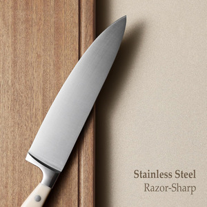 Ensemble de couteaux de cuisine HORECA professionnel 14 pièces en acier inoxydable avec manche blanc crème et bloc à couteaux en bois – Couteaux à steak inclus - Product Image 4