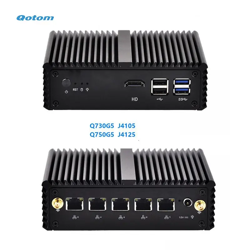 QotomデスクトップミニPCQ750G5 i225-V 2.5G Lan Mini PC Intel J4125, 5イーサネットファンレスミニコンピューター