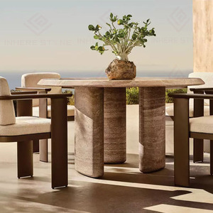 Mesa de Comedor Redonda de Mármol Travertino con <span class=keywords><strong>3</strong></span> Patas Sólidas, Diseño Moderno y Lujoso que Ofrece Resistencia, Estilo y Elegancia Natural - Product Image 4