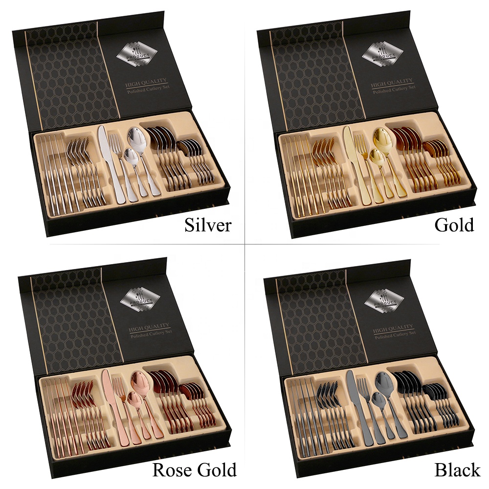 Пользовательские лазерной резки нож ложка Вилка Набор столовых приборов золотистого 24 шт. нержавеющая сталь наборы столовых приборов в подарок cutery набор