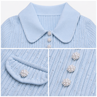 Robe en tricot côtelé bleu clair pour femme, col polo, manches courtes, longueur genou, commande personnalisée OEM